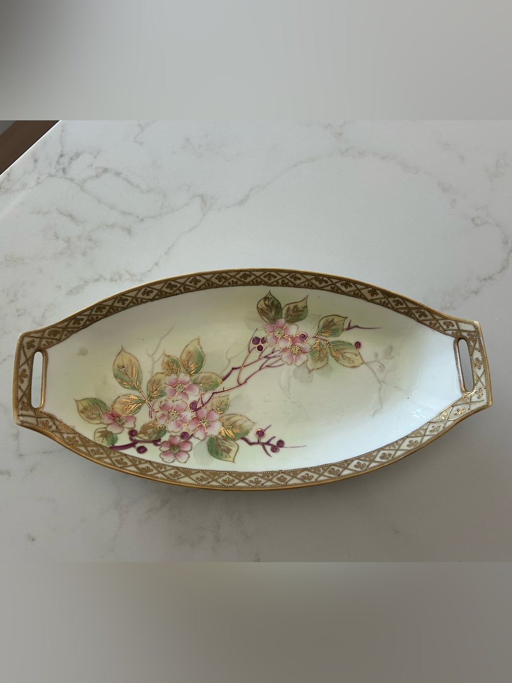Floral Gold-Trim Porcelain trinket dish-  hand painted and imported